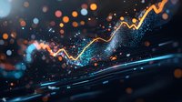 Glowing orange line chart rising over digital landscape with blue particles and bokeh effects against dark background for financial technology concept.
