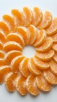 Peeled mandarin orange segments arranged in a circular pattern on white background, showcasing fresh citrus texture for food and nutrition concepts.