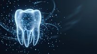 Digital holographic tooth with glowing particles and network connections on dark blue background for dental technology and healthcare innovation concepts.
