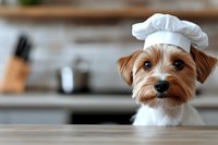 Yorkshire terrier wearing white chef hat peeks over kitchen counter with curious expression, blurred cooking background creates professional culinary atmosphere.