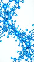 Blue molecular structure network with glowing spheres and connecting bonds on white background for scientific research and biotechnology applications.