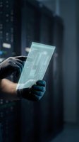 Technician in dark gloves holding transparent holographic tablet displaying digital interface in server room with blurred data center background.