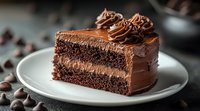 Decadent chocolate layer cake slice with rich ganache frosting and whipped chocolate buttercream rosettes on white plate, dark chocolate chips scattered in background.