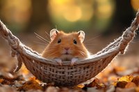 Adorable ginger hamster relaxing in tiny woven hammock surrounded by autumn leaves and warm bokeh background, creating cozy seasonal pet portrait.