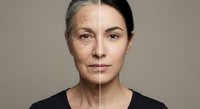Split face showing aging process transformation from elderly to young woman with wrinkles and smooth skin for skincare and anti-aging concepts.