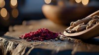 Dried rose petals and aromatic herbs on rustic wooden surface with soft bokeh background, natural spa ingredients for aromatherapy and wellness treatments.