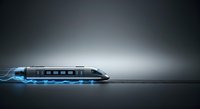 Modern high-speed train with sleek blue and black design isolated on dark background. Suitable for transportation, rail industry, technology, and business concepts.