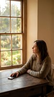 Woman with long dark hair, Caucasian ethnicity, sitting at wooden table by window holding smartphone, wearing beige knit sweater, gazing outdoors through rain-spotted glass panes with garden view.