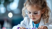 Young female scientist in lab coat and safety glasses conducts research, examining samples at laboratory workstation with focused expression and professional demeanor.