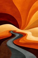 Abstract canyon landscape with winding river through orange and brown desert formations, featuring warm earth tones and textured paper effect.