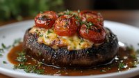 Grilled portobello mushroom cap topped with melted cheese and roasted cherry tomatoes in savory sauce, garnished with fresh herbs on white plate. Restaurant menu photo.
