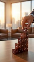 Businessman hand placing wooden block with checkmark on stacked tower in modern office with city skyline view, representing business growth, success, and achievement goals.