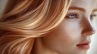 Young woman with flowing blonde hair and blue eyes in profile view against neutral background, soft natural lighting highlights delicate features and glowing skin.