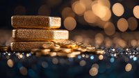 Gold bars and coins with bokeh lights in background, symbolizing wealth, investment, and financial security for banking and finance industry.