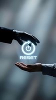 Robotic hand and human hand with glowing reset button symbol representing technology restart, system reboot, and digital transformation concepts.