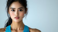 Young Asian woman with natural makeup and messy updo hairstyle wearing turquoise tank top against light blue background, looking at camera with confident expression.