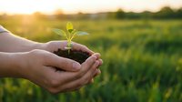 Hands holding young seedling with soil against blurred green field at sunset, symbolizing growth, environmental care, and sustainable agriculture for eco-friendly projects.