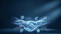 Digital handshake with glowing network connections and technology icons representing global business partnership and cyber collaboration.