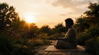 Woman with curly hair sitting on wooden path in overgrown garden at golden hour sunset, meditating or relaxing in nature.