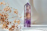 Purple amethyst crystal tower with dried flowers on white fabric background for meditation, healing, spiritual wellness and home decor purposes.