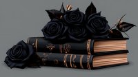 Dark black roses rest atop vintage leather-bound books with ornate copper details and aged paper edges, creating mysterious gothic romantic atmosphere.