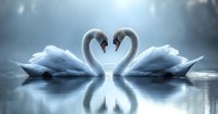 Pair of white swans forming heart shape on misty lake at dawn, romantic reflection in calm water creates symmetrical composition in blue tones.