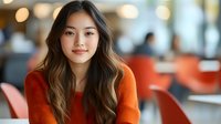 Young Asian woman with long wavy brown hair wearing orange sweater smiling at camera in modern cafe setting with blurred background and warm lighting atmosphere.