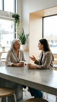 Two professional businesswomen having friendly conversation at modern office table with plants and natural light for corporate communication concepts.