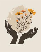 Minimalist illustration of caring hands holding delicate orange wildflowers against beige background, symbolizing growth, nurture and environmental care.