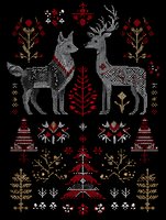 Nordic folk art cross-stitch pattern with deer and fox silhouettes surrounded by traditional Christmas trees, flowers, and geometric motifs on black background.
