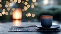 Atmospheric morning scene with steaming coffee cup on dark ceramic plate against blurred bokeh lights, creating cozy minimalist composition with warm tones.