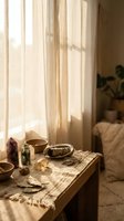 Cozy morning sunlight streaming through curtains illuminates wooden table with crystals, sage bundle and ceramic bowls in peaceful spiritual wellness space.