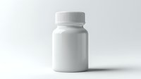 White medicine bottle with cap on light background, pharmaceutical container mockup for pills, supplements or vitamins. Clean minimal design on isolated surface.