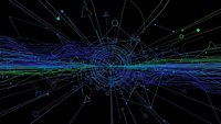 Digital network visualization with glowing blue and green data streams radiating from central hub on black background for technology presentations.
