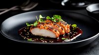 Grilled duck breast slices with cherry sauce and microgreens on black plate. Gourmet restaurant dish with sesame seeds for fine dining menu photography.