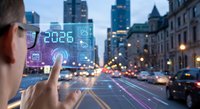 Businessman using futuristic holographic interface with digital data overlay on urban street at dusk. Smart city technology concept for business presentations.