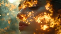 Ethereal female profile silhouette at sunset with golden light bokeh creating dreamy atmosphere, dramatic side lighting emphasizes feminine features and sensual lips.