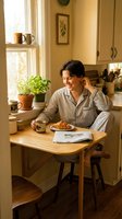 Young woman enjoying morning coffee and croissant at cozy kitchen table reading newspaper in warm sunlit home interior with plants and vintage decor.
