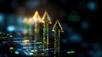 Glowing upward arrows formed by light trails on digital surface, representing financial growth and market trends in dark tech environment with bokeh effect.