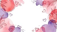 Romantic watercolor frame with pink and purple flowers, delicate hearts scattered around white center space for text or design elements.