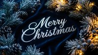 Merry Christmas greeting on dark velvet background with frosted pine branches, cones, and warm glowing lights for holiday cards and banners.