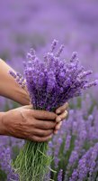 Hands holding fresh lavender bunch in blooming field, perfect for wellness, aromatherapy, and natural product marketing campaigns.
