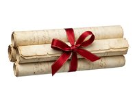 Rolled parchment papers tied with red ribbon bow, isolated on white background, suitable for certificates, diplomas, awards, invitations, and design projects.