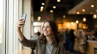 Young professional woman taking selfie with smartphone in modern cafe, smiling happily while sitting by window with warm ambient lighting and blurred background.