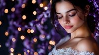 Young woman with closed eyes surrounded by purple flowers and warm bokeh lights creating dreamy romantic atmosphere for beauty and wellness concepts.