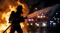 Firefighter silhouette battling intense flames with sparks flying against night cityscape background. Emergency response hero in protective gear fighting fire.
