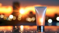 Cosmetic tube on reflective surface against blurred city sunset background with bokeh lights, luxury skincare product presentation mockup.
