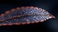 Macro photography of autumn leaf with water droplets and morning dew against dark background. Natural pattern shows delicate leaf structure in copper tones.