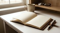 Open notebook with blank pages on wooden desk near window with coffee mug and pen, suitable for journaling, writing, planning, and creative projects.