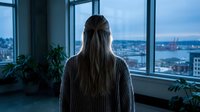 Young woman with long brown hair in knit sweater standing at office window overlooking city skyline at dusk, contemplating urban landscape from high-rise building.